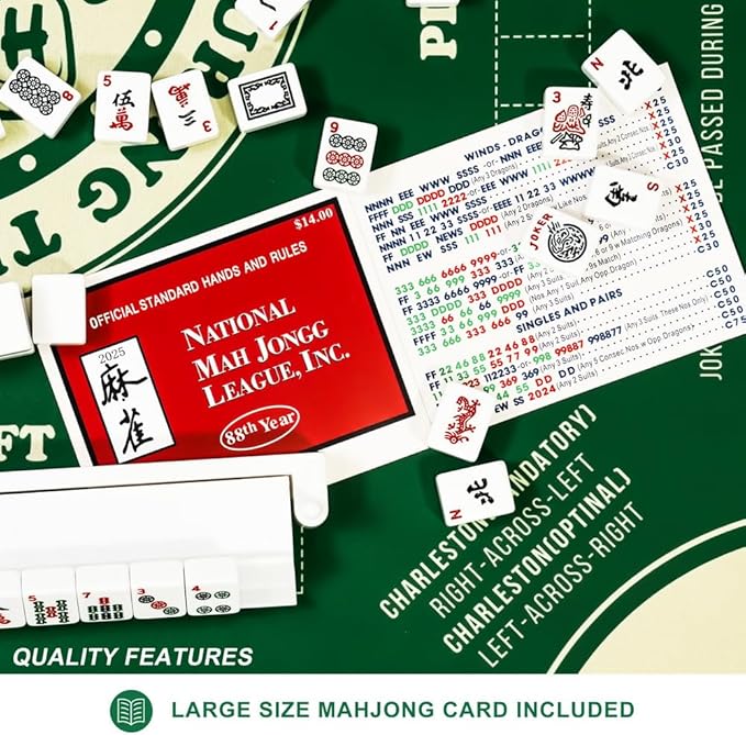 Mahjong Mat with Rules for Table,Non-Slip and Silent,Comes with 2 Dice and 1 Coral Velvet Mahjong Mat Storage Bag (Green)