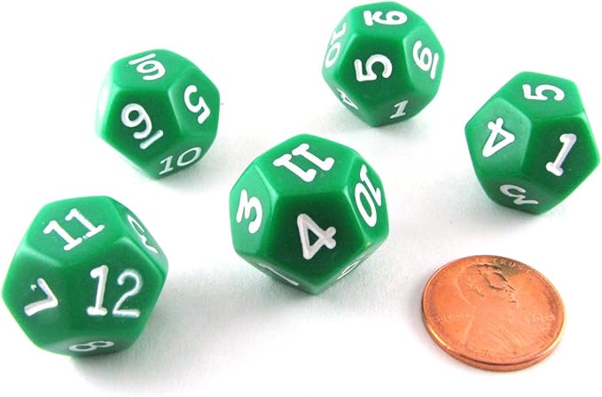 Koplow Games Set of 5 D12 12-Sided 18mm Opaque RPG Dice - Green with White Numbers