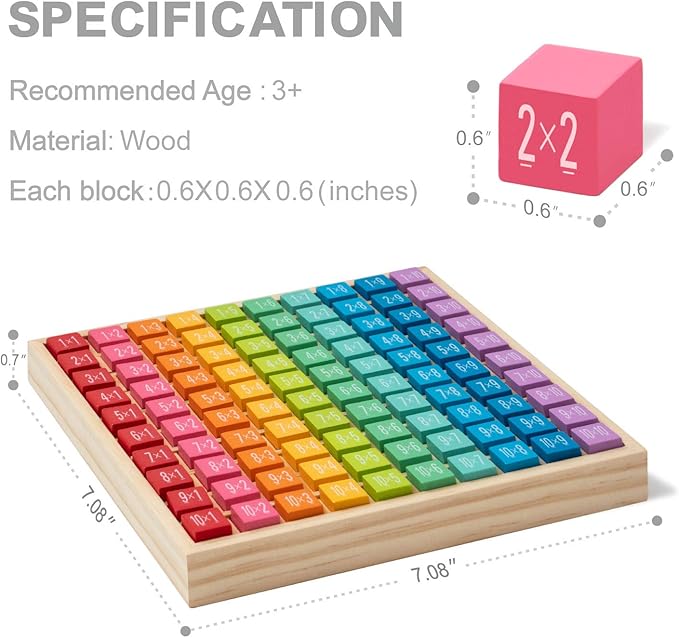 ROBUD Wooden Multiplication & Math Table Board Game, Kids Montessori Math Manipulatives Learning Toys Gift, Aged 3 Years Old and Up - 100 Wooden Counting Blocks