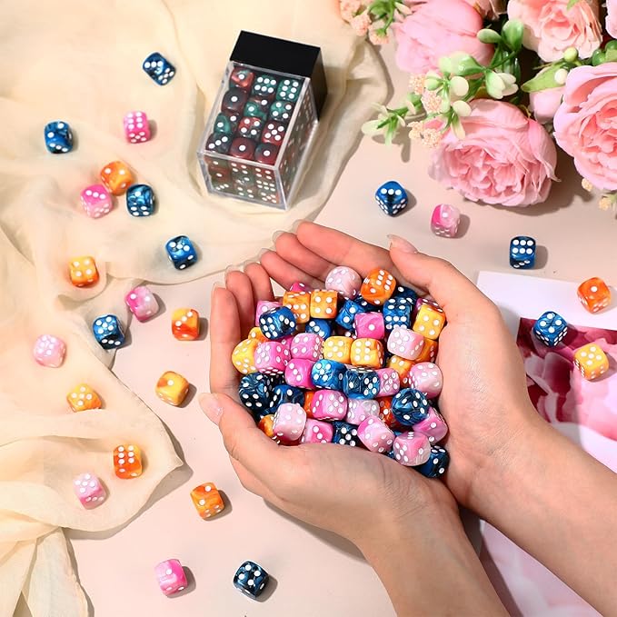 144 Pieces 12mm 6 Sided Mini Dice Set for School Classroom Table Games Marble Two Colors D6 Game Standard Dice with Portable Plastic Box for Bunco or Teaching Math Learning (Fresh Color)