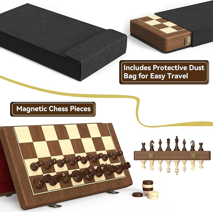 Premium Natural Walnut 15" Magnetic Wooden Folding Chess & Checkers Set- 2 in 1 Board Game with 3" King Staunton Pieces and 2 Extra Queens, Checkers, and Dust-Proof Storage Bag (Red)