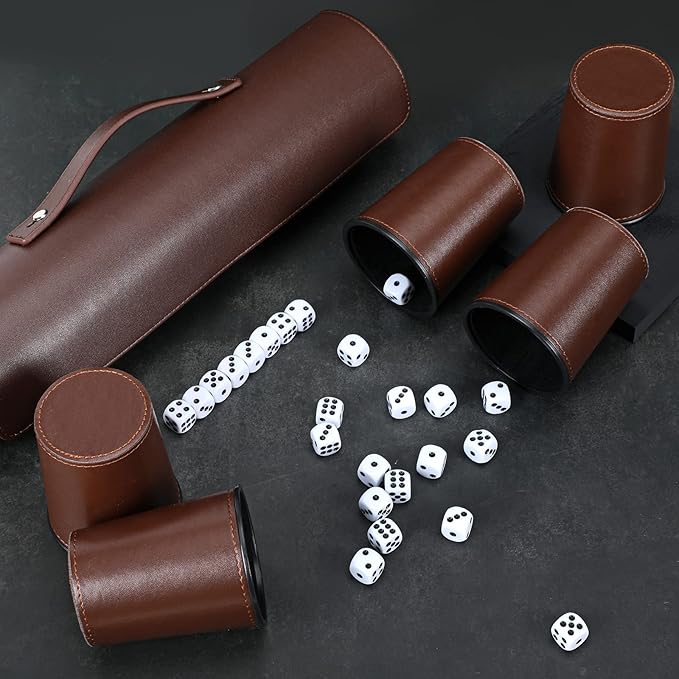 2 Set Leather Dice Cup Set, 10x Dice Cups + 50 Dice + Exclusive Storage and Transport Case Made of Faux (2 Pack Brown)