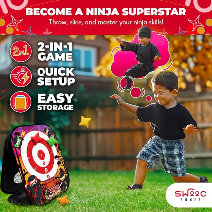 SWOOC Games - Ninja Superstar™ | 2-in-1 Corn Hole Games for Kids | 5-Second Setup | Ninja Toys for Boys | Bean Bag Toss Game for Kids | Cornhole Game Set Outdoor | Outdoor Toys | Throwing Star