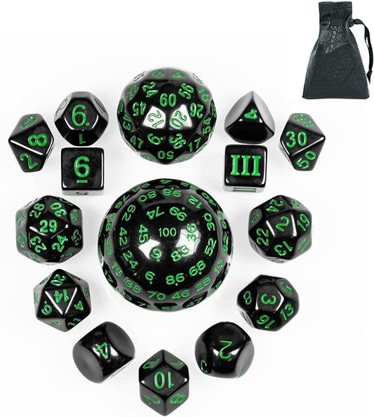 15 Pieces Complete Polyhedral DND Dice Set D3-D100 Spherical D&D Dice Set with Dragon Eye Dice Bag, D100 Dice for Dungeons and Dragons, RPG, MTG Table Games(Black w/Green Numbers)