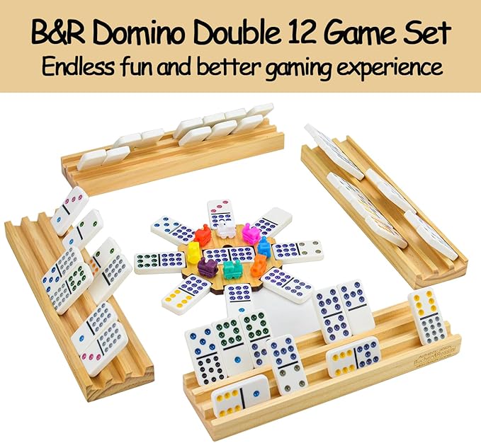 Bucher&Rossini Dominoes Set Double 12 with 4 Racks for Adults Kids, Mexican Train Dominoes Set Double 12, Mexican Train Dominoes (Double 12)