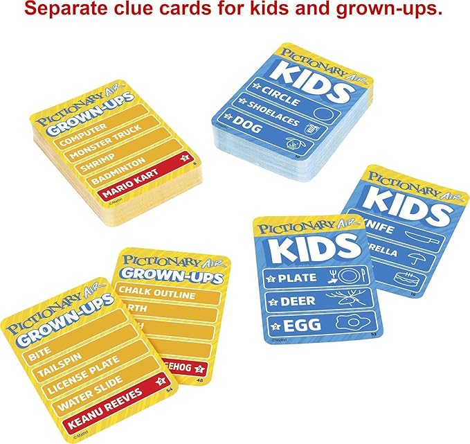 Mattel Games Pictionary Air Kids Vs. Grown-Ups Family Game for Game Night with Light Pen and Clue Cards, Connect to Smart Devices