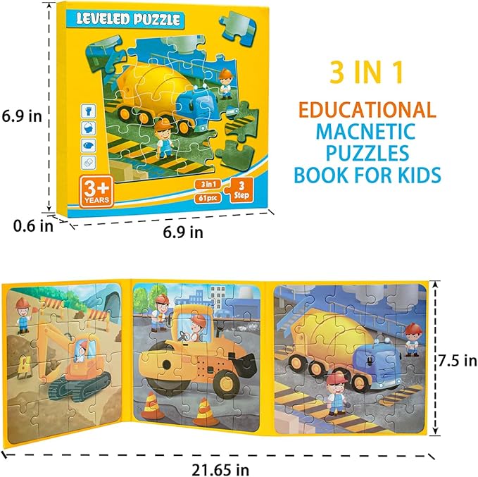 Magnetic Puzzles for Toddlers 3-5, 3 in 1 Travel Puzzles for Kids Ages 4-6, Excavator Truck Jigsaw Puzzle Book Road Trip Activities Toys for 3 4 5 6 Year Old Girls Birthday (Engineering)