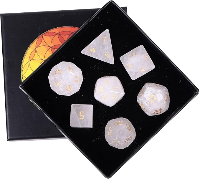 TUMBEELLUWA Engraved Crystal Stone Polyhedral Dice Set for RPG MTG Dungeons and Dragons Table Game 7 Pieces DND Board Game Dices with Pouch, Rock Crystal