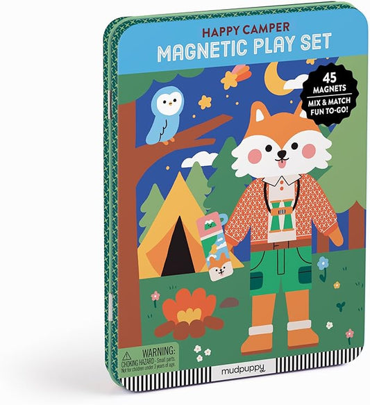 Mudpuppy Happy Camper – Magnetic Build-It Travel Friendly Game with Illustrated Forest Background Scenes Including 2 Furry Characters and Over 40 Mix and Match Magnets for Children Ages 4 and Up