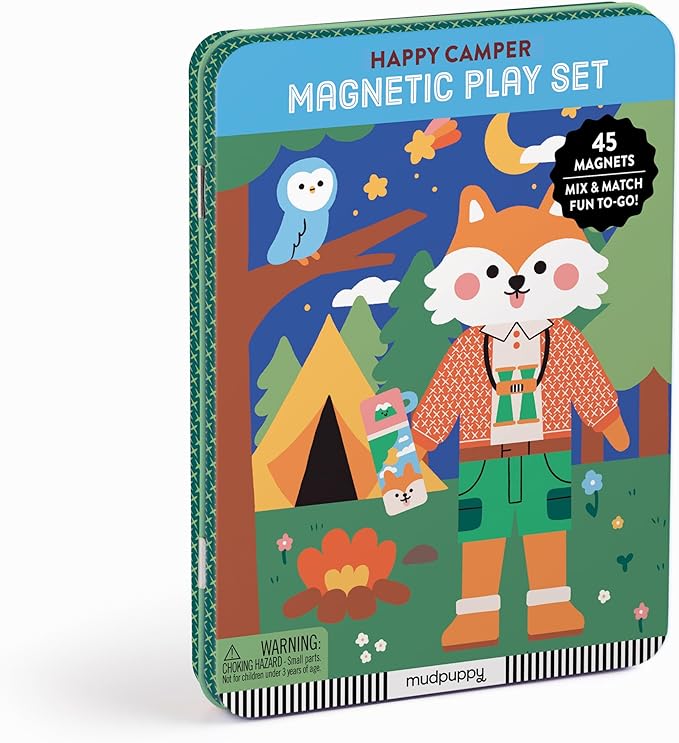 Mudpuppy Happy Camper – Magnetic Build-It Travel Friendly Game with Illustrated Forest Background Scenes Including 2 Furry Characters and Over 40 Mix and Match Magnets for Children Ages 4 and Up