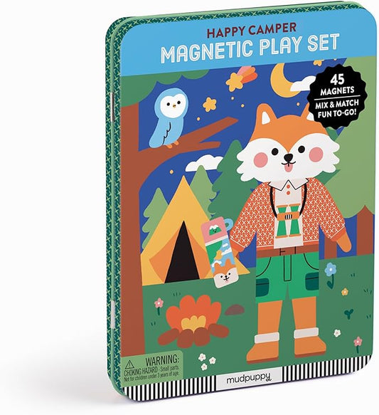 Mudpuppy Happy Camper – Magnetic Build-It Travel Friendly Game with Illustrated Forest Background Scenes Including 2 Furry Characters and Over 40 Mix and Match Magnets for Children Ages 4 and Up
