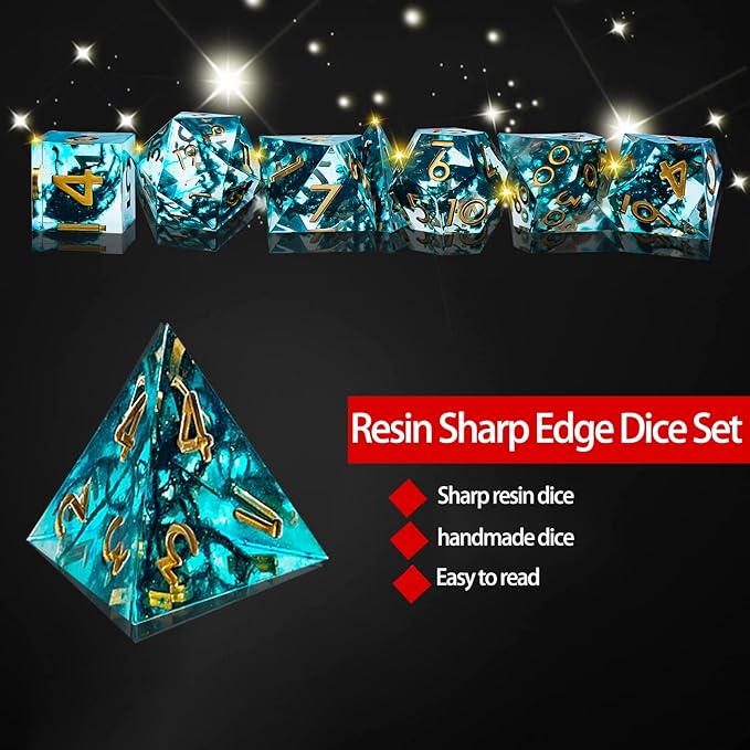 DND Dice Set Sharp Edge Dice Set 7 Piece DND polyhedral Dice Numbers with Gold Leaf Exquisite Tin Box Packaging,Ideal for Dungeons & Dragons RPG and Board Games (1C-GO3V-CYXY)