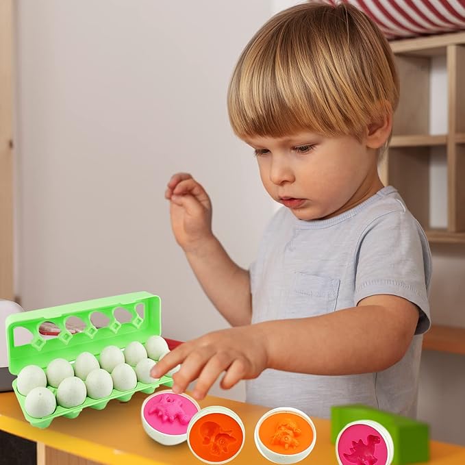 Dimple 12 Dinosaur Egg Matching Toy Play Matching Eggs Easter Toy w/Holder - Egg Toys for Toddlers STEM Egg Toys - Colors & Shapes Recognition for Kids -Educational Color Sorting Toy