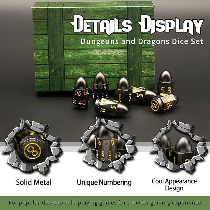 Bullet Dice Set, DND Dice Metal Revolver，ZHOORQI D6 Gun Dice D&D Gifts for Dungeons and Dragons, RPGs(7-Black Gold)