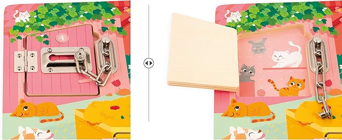 Janod J07119 Farm Padlock Activity Board with 5 Opening Types of Wooden Toys, FSC- from 3 Years, Multi-Coloured