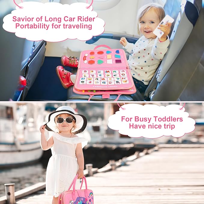 Pink Toddler Busy Board Montessori Toys for 1-3 Year Old Girl Birthday, Educational Activities Developing Sensory Board with Life Skill, Travel Toys for Plane Car