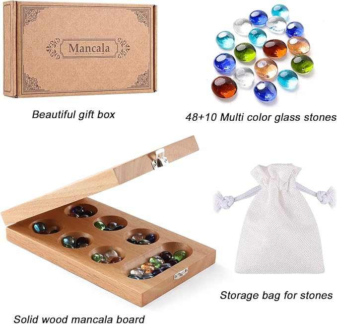 Mancala Board Game for Kids, Adults & Family. Includes Folding Rubber Wood Board, 48+10 Mancala Stones & Instruction. Classic & Portable Marble Game for Travel.(Natural Color)