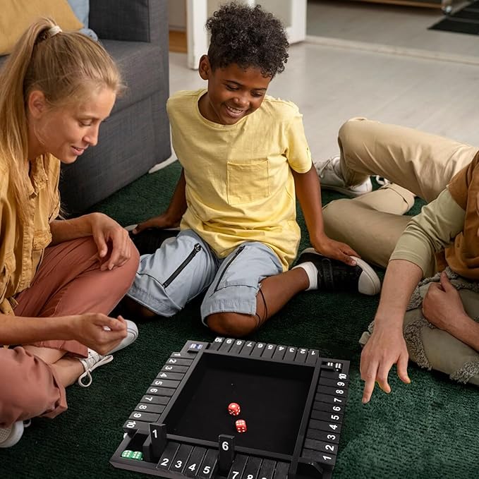 GSE Games & Sports Expert 1-4 Player Wooden Shut The Box Dice Board Game with 8 Dice. 4-Way 10 Numbered Shut The Box Set of Popular English Pub Board Game - Black