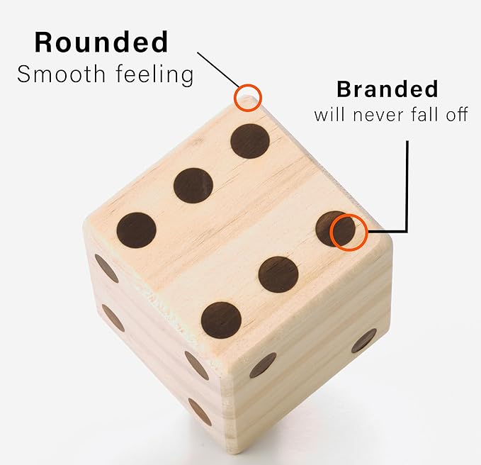 Large Wooden Yard Dice Set of 6 with Two Games and Cardboard Bucket