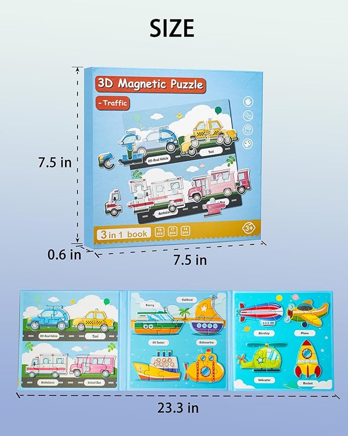 Magnetic Puzzles for Toddlers 1-3, Travel Puzzles Games for Kids Ages 1 2 3 4 5, Traffic Car Activities Toy Jigsaw Puzzles Book for Boys & Girls 3-5 2-4, Learning Magnet Gift for Road Trip (Vehicle)