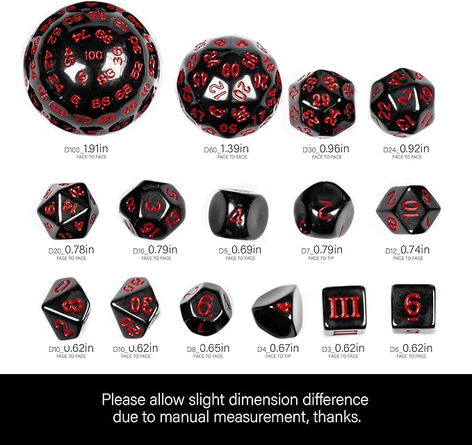 15 Pieces Complete Polyhedral DND Dice Set D3-D100 Spherical D&D Dice Set with Dragon Eye Dice Bag, D100 Dice for Dungeons and Dragons, RPG, MTG Table Games(Black w/Red Numbers)