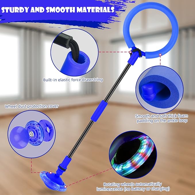 Ankle Skip Ball for Kids, Foldable Colorful Light Flash Wheel Skip Ball for Adults, Indoor Outdoor Game Toys for Kids Girls Boys, Gift for Girls, Boys Ages 5 6 7 8 9 10 11 12 Years Old- Blue