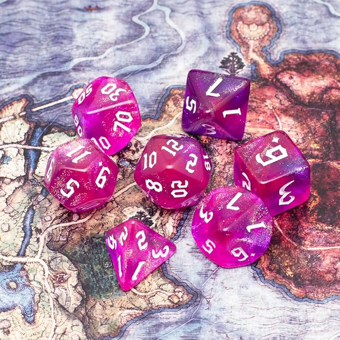 DND Dice Set with Dragon Totem Metal Gife Case, Dungeons and Dragons Dice Set,Polyhedral Dice Set Filled with Shiny Glitters,Role Playing Games and Tabletop Games (Purple&Pink)