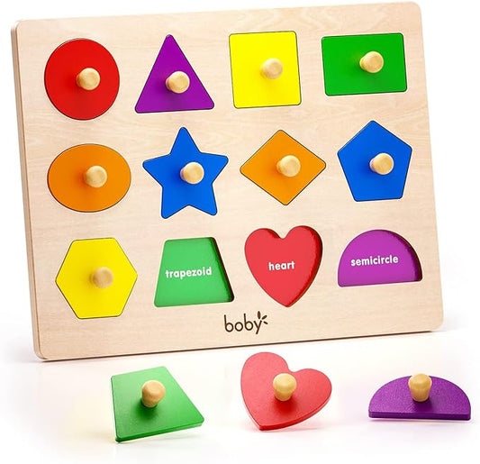 Shape Color Puzzle for Toddlers 1-3, Montessori Learning Toys for 1 + Year Old Girl, Jumbo Knob Wooden Pegged Chunky Shapes Puzzles for Kids Ages 3, Baby Educational Toys 12-18-24 Months Boys