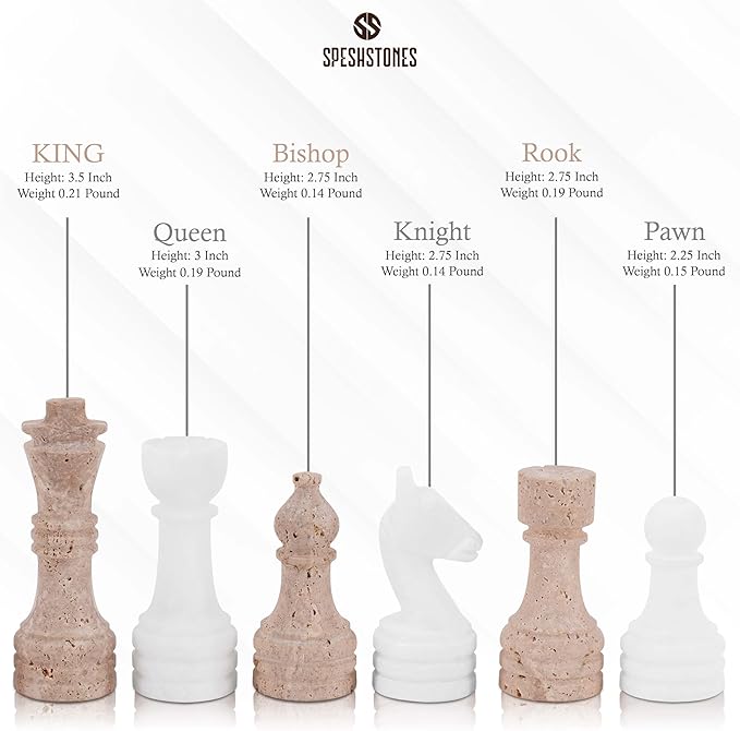 Marble Chess Pieces 3.5 Inch Travertine and White Stone Figures for Classic Chess and Checkers Board, Draughts & Travel Chess Set, Ideal Strategy Board Games for Adults & Family