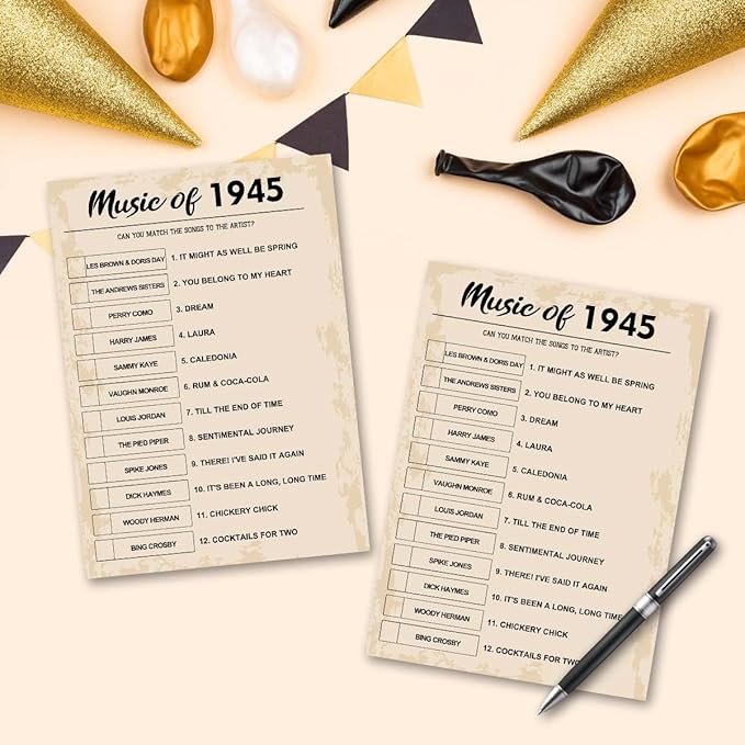80th Birthday Party Games, Music of 1945 Games, Birthday Party Supplies for Adults, Fun 1945s Party Game，Pack of 30 Cards