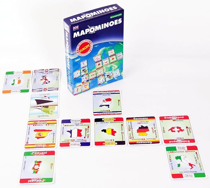 MAPOMINOES EUROPE – The Ultimate Geography Game – Fun and educational travel card game about connecting European countries for kids teens and adults. Like dominoes with maps.
