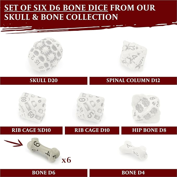 D6 Dice Set - Set of Six 6 Sided Dice - Skull & Bone Themed RPG Dice. Cool & Unique Gift and Compatible with Dungeons & Dragons (DND), D&D, Pathfinder, D and D. (Cleaned Bone White)