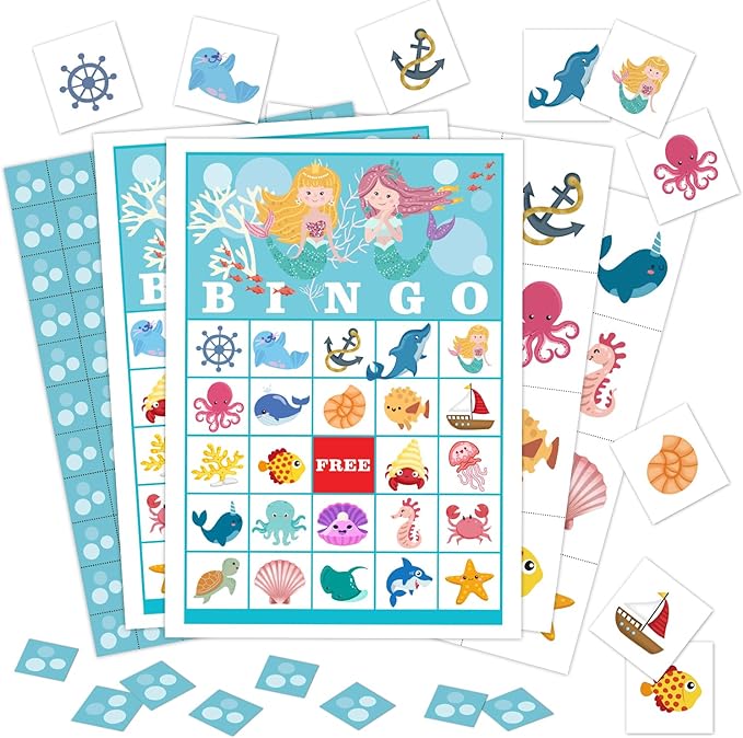 24 Players Mermaid Party Bingo Game Cards, Under The Sea Bingo Game for Large Group, Ocean Party Bingo Game Activity for Family Friend Adult Holiday -03