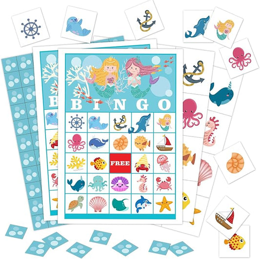 24 Players Mermaid Party Bingo Game Cards, Under The Sea Bingo Game for Large Group, Ocean Party Bingo Game Activity for Family Friend Adult Holiday -03