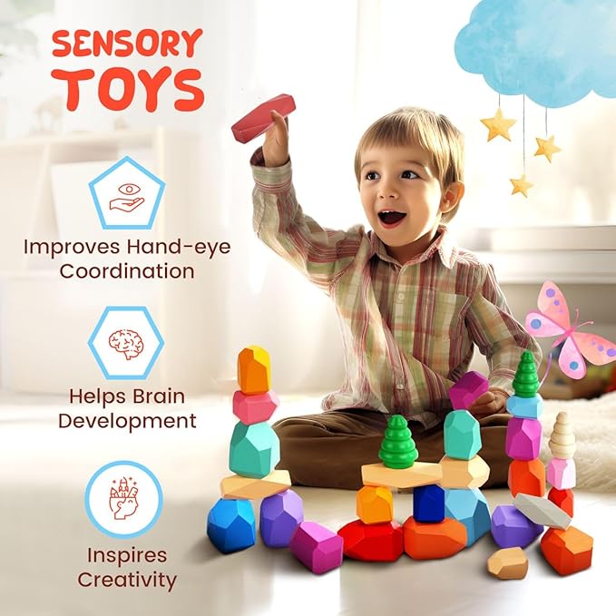40 Pcs Wooden Stacking Rocks & Sensory Learning Toys for Ages 3-9 | Develops Motor Skills & Creativity for Girl or Boy - Stacking Blocks for Birthday Gift
