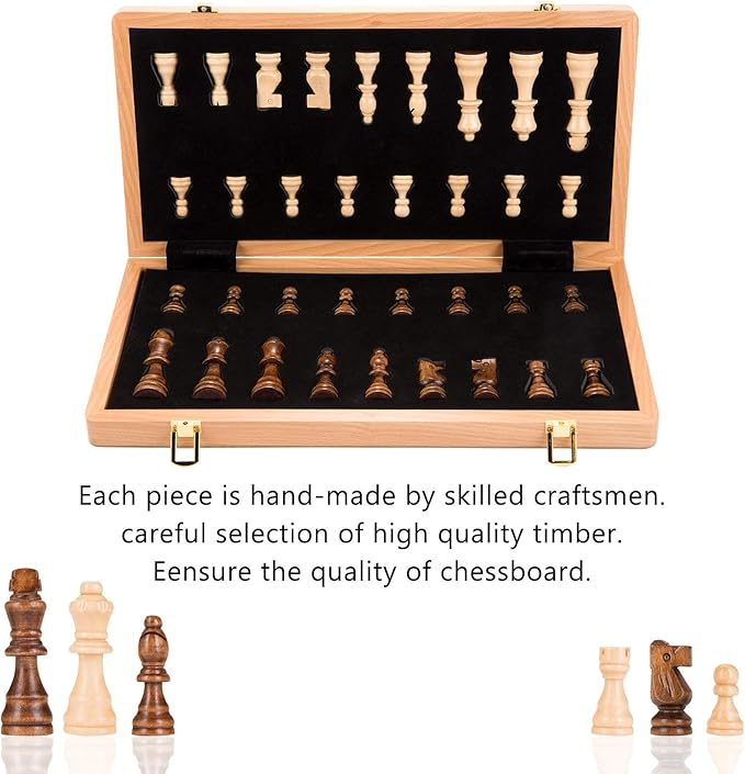 AMEROUS Magnetic Wooden Chess Set, 15 Inches Handmade Wooden Folding Travel Chess Board Game Sets with Chessmen Storage Slots for Kids and Adults, 2 Bonus Extra Queens, Gift Box Packed