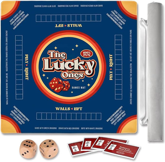 Mahjong Mat with Rules for Table,Travel Mahjong Set,Non-Slip and Silent,Comes with 2 Dice and 1 Coral Velvet Mahjong Mat Storage Bag,Mahjong Cards 2025(Blue)