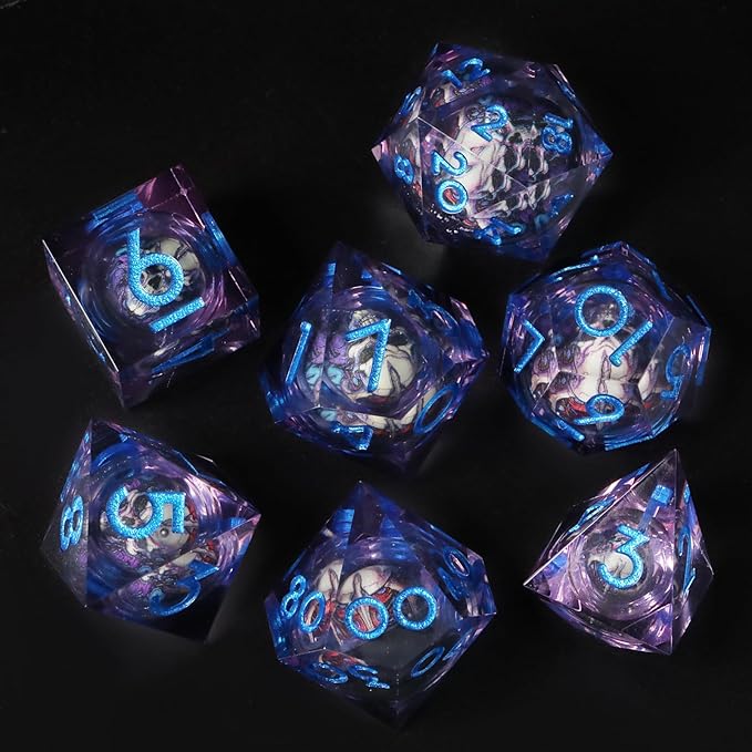 7pcs Skull Resin DND Dice Set Sharp Edged Polyhedral RPG Dice for Dungeons and Dragons, Dragon Eye Gift Bag (Mauve Blue)