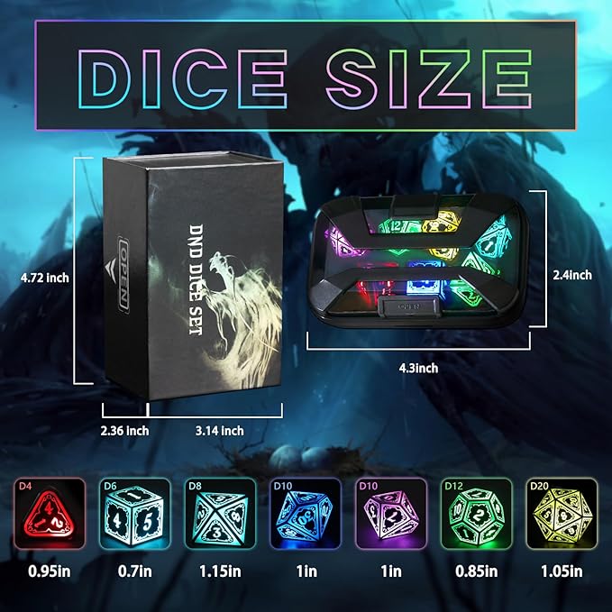 Wireless Light Up Dice Set D&D RGB for Dungeons and Dragons,Cool LED DND Dice with Charging Box Rechargeable 7 Color Polyhedral Role Playing Dice for DND Gifts RPG(Astral Shard Black)
