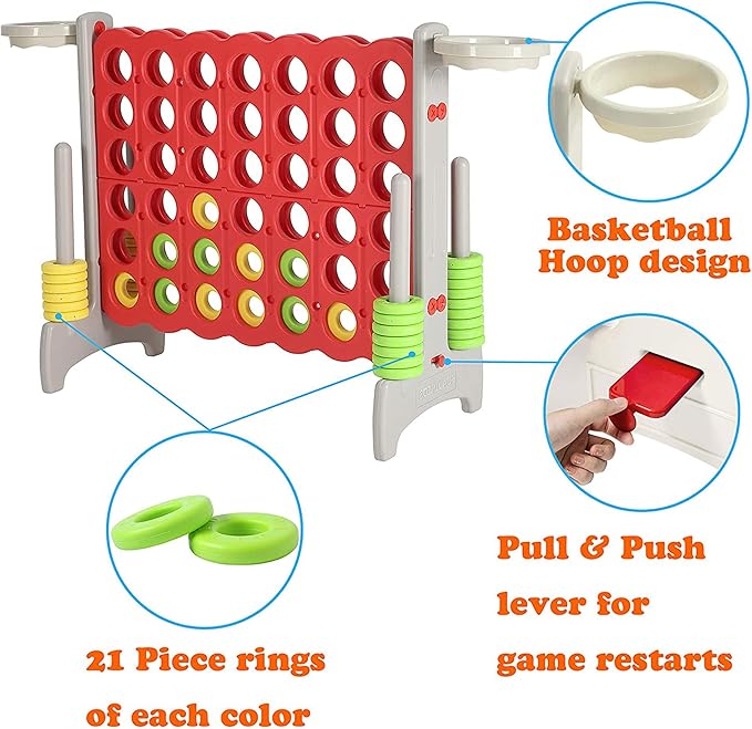 SDADI Giant 33 Inch 4-in-A-Row Hoop Connect Strategy Game and Basketball Indoor/Outdoor Family Fun Board for Toddlers, Kids, Adults, Gray and Red