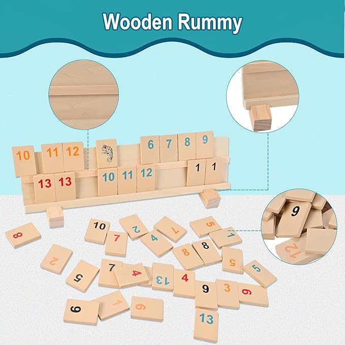Wooden Rummy Cube Game with Portable Storage Bag, Travel Rummy Game Set with 106 Tiles, 4 Playing Rack, 1 Timer (2-4 Players)