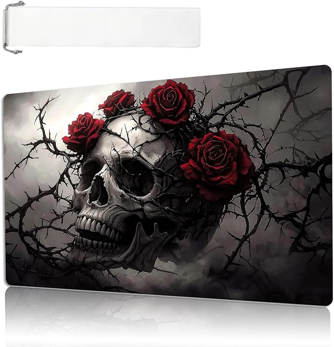 MTG Playmat Size 23.6x13.8in with Storage Bags Portable Playmat TCG and Board Game Mat for Cards Rubber Base Slip-Resistant Mousepad Desk Mat (Skull and Flower,No with Zone)