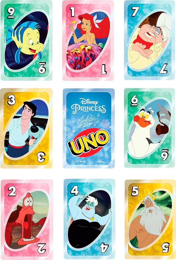 Mattel Games UNO Disney Princess The Little Mermaid Card Game for Family Night Featuring Movie Themed Graphics for 2-10 Players