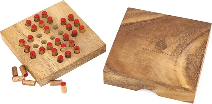 Wood Solitaire Game Classic Peg Solitaire Board Premium Wooden Design Single Player Brain Teaser Strategy Puzzle for Brain Training Tabletop Indoor (Jump All but one)