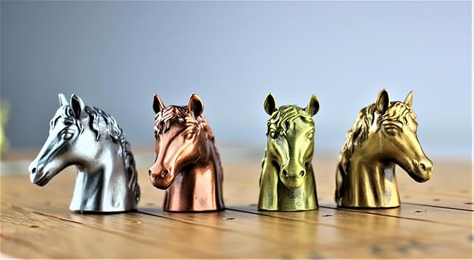 Metal Horse Race Board Game Set with Horse Racing Thick & Solid Wood Game Board(22”/Natrual),11 Luxurious with 4Antique(Gold,Silver,Red Cooper&Bronze) Metal Craft Horses, Dice&Cards (HR-F554)