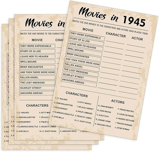 80th Birthday Party Games, Movies of 1945 Games, Birthday Party Supplies for Adults, Fun 1945s Party Game，Pack of 30 Cards