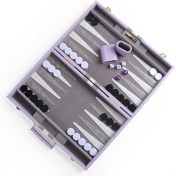 Travel Large 18 Inch Backgammon Set Classic Board Game with Leather Make Board Gift Package, Portable Strategy Game Set for Adults, Kids (Purple, Large)