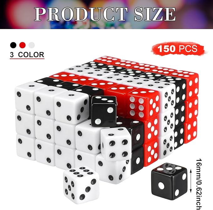 Poen 150 Packs Standard Game Dices Bulk 16mm Acrylic Casino Dice D6 for Board Activities, Birthday Party Supply(Black, Red, White,Square Corner)