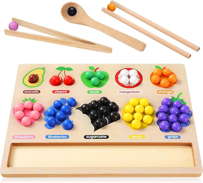 Wooden Board Rainbow Beads Sorting Stacking Counting Games, Toddler Montessori Matching Color Toys Preschool Learning Educational Toys for 3 4 5 Years Old Boys Girls
