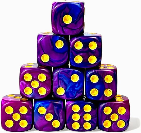 Luck Lab 10 Piece D6 Dice Pack - Acrylic Dice for RPG MTG DND Dice Table Games and Board Games (Blue and Purple Swirl with Gold Pips)